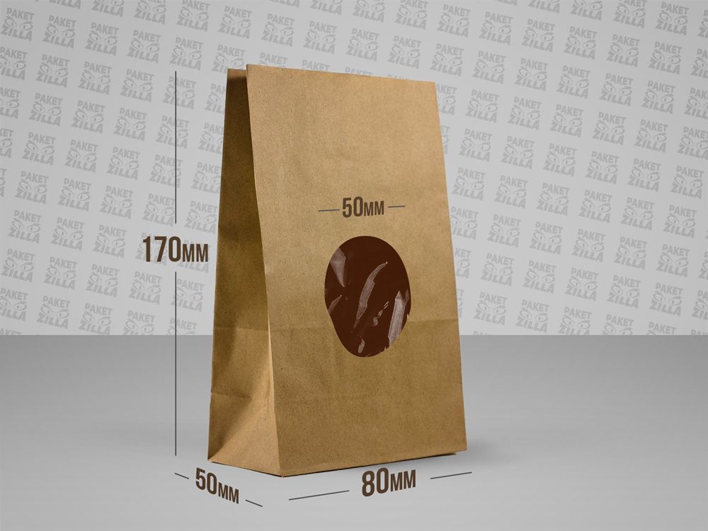 Крафт пакет 170 * 80 * 50 мм с прозрачным круглым окошком